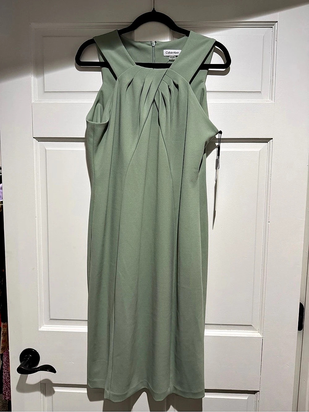 Calvin Klein Pleated Neck Sheath Dress Midi Dress Green Size 14